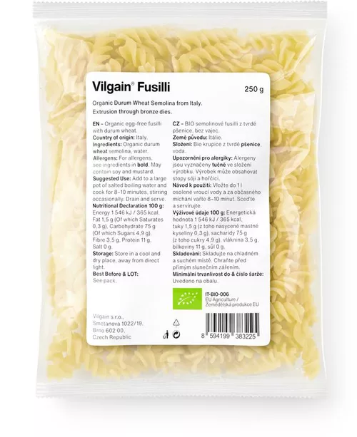 Vilgain Fusilli těstoviny BIO semolinové 250 g